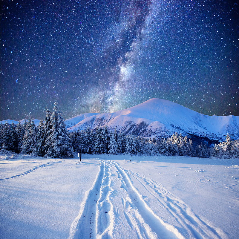 Winter, landscape, mountains, nature, night, sky, snow, starry, HD phone wallpaper
