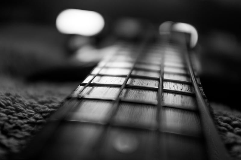 guitar, fretboard, strings, music, black and white, HD wallpaper