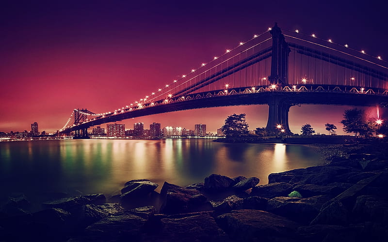 Brooklyn Bridge, nightscapes, New York, Manhattan, America, USA, HD wallpaper