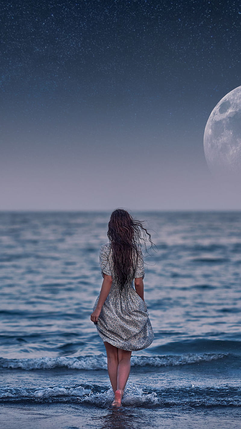 Girl, beach, moonlight, nature, ocean, people, HD phone wallpaper