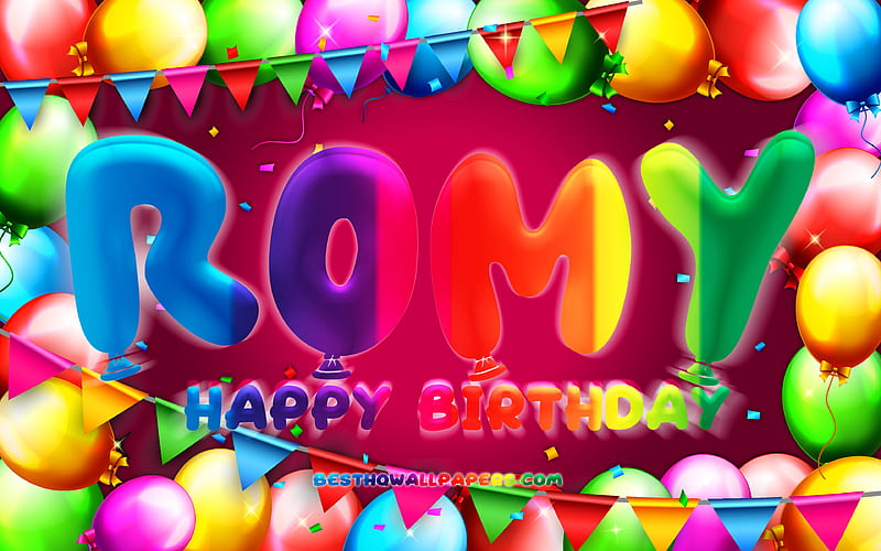 Happy Birtay Romy colorful balloon frame, Romy name, purple background, Romy Happy Birtay, Romy Birtay, popular german female names, Birtay concept, Romy, HD wallpaper