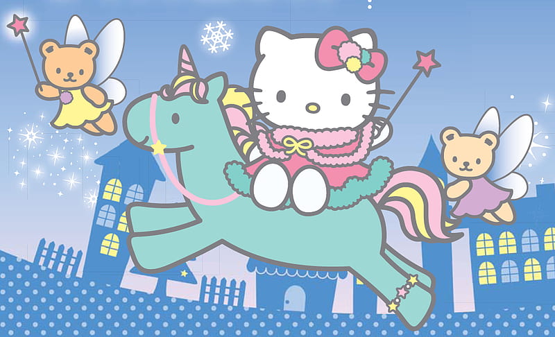 Faery Hello Kitty Rides Unicorn, diapinky, japanese, teddy, unicorn, cute, teddy bears, hello kitty, japan, kawaii, sanrio, bears, teddies, HD wallpaper