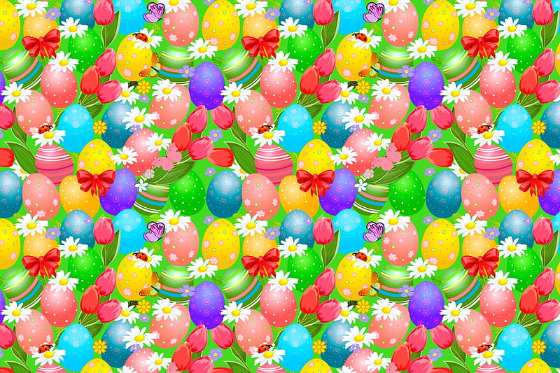 Easter texture, pattern, red, colorful, yellow, easter, egg, butterfly, green, purple, texture, flower, paper, pink, daisy, HD wallpaper