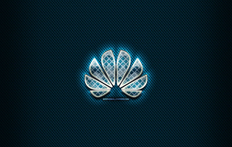 Huawei glass logo, blue background, artwork, Huawei, brands, Huawei rhombic logo, creative, Huawei logo, HD wallpaper