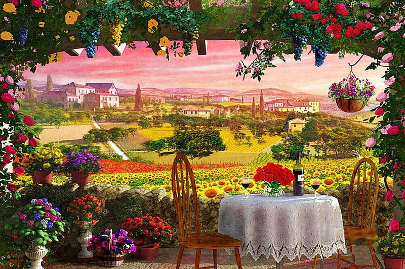 Tuscany Hills, veranda, table, house, chairs, flowers, trees, artwork, landscape, HD wallpaper