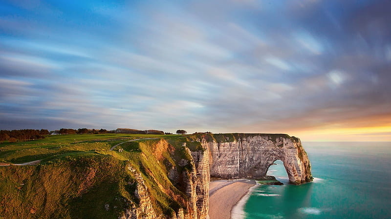 gorgeous normandy france seacoast, cliffs, grass, sky, coast, sea, HD wallpaper