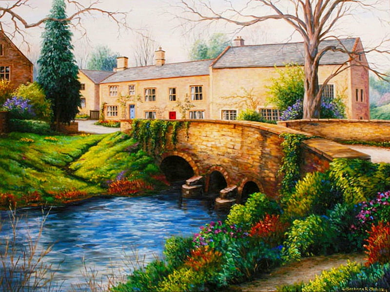 A Day In Countryside, Stream, Pretty, House, Cottage, Cabin, Bonito