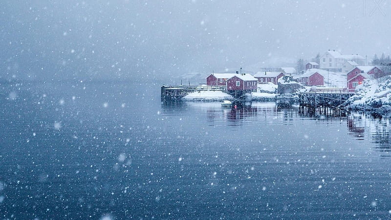 snow storm over norwegian seaside village, snow, town, garbor, storm, docks, winter, HD wallpaper