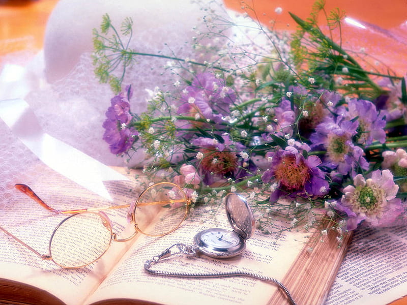 Timeless, fob watch, spectacles, glasses, book, bonito, hat, bouquet, flowers, colours, HD wallpaper
