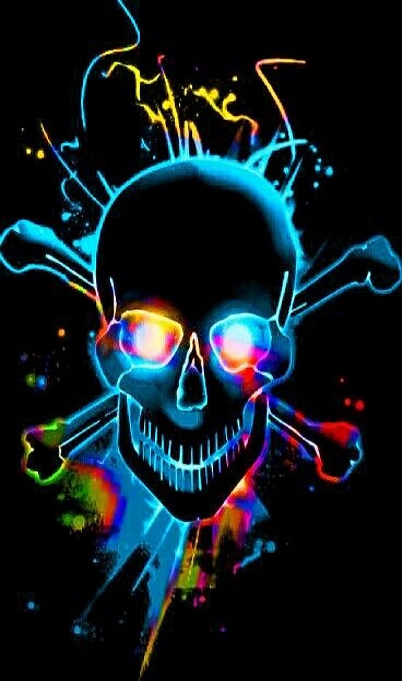 neon skull n bones, neon, skull, skull n cross, HD phone wallpaper