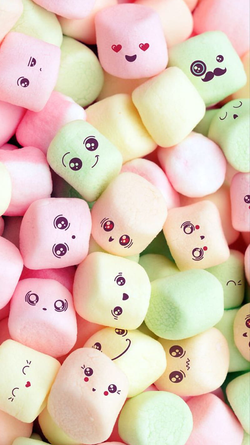 Marshmallows, candy, cute, faces, green, marshmallow, orange, pink, smile,  sweets, HD phone wallpaper | Peakpx