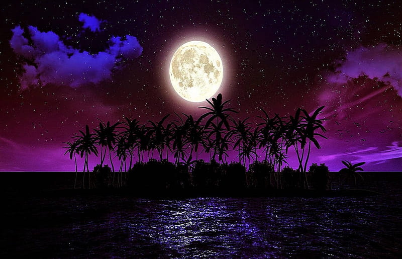 Tropical Moon, sea, colorful, moon, island, trees, clouds, sky, HD ...