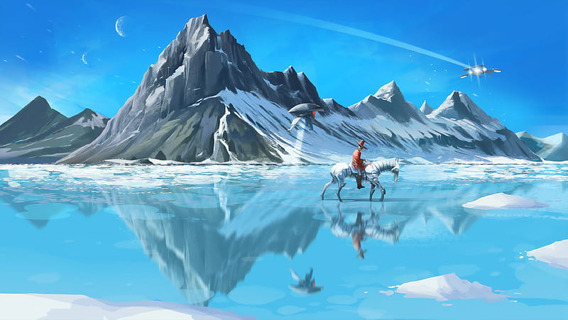 Frozen Lake Horse Ride, artist, artwork, digital-art, artstation, horse, HD wallpaper