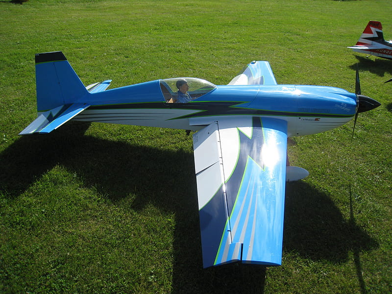 Model airplane, airplane, model, grass, summer, colors, field, blue, HD wallpaper