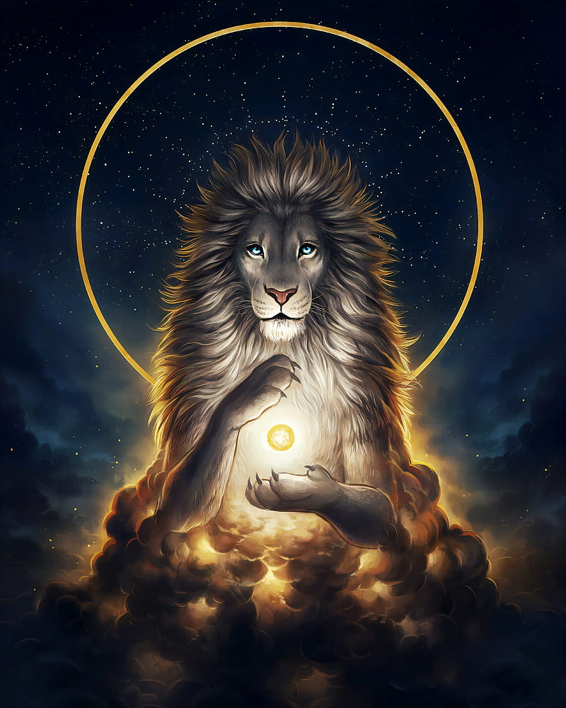 lion, white lion, white hair, blue eyes, artwork, Divinity, HD phone wallpaper