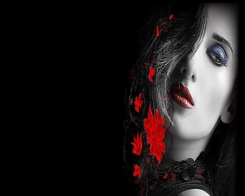 Dark Thoughts, Woman, Red, Flowers, Red Lips, HD wallpaper