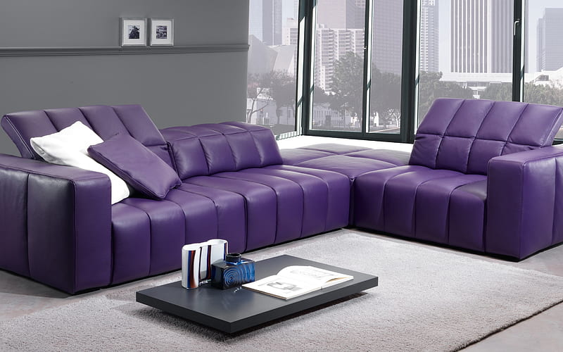 purple stylish leather sofa, living room, modern interior design, minimalism, table on the floor, HD wallpaper