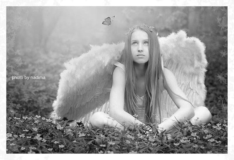 ANGEL, hope, graphy, wings, bw, girl, sweet, friends, HD wallpaper