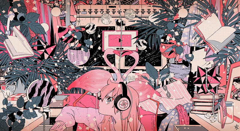anime girl, pink hair, headphones, polychromatic, colorful, Anime, HD wallpaper