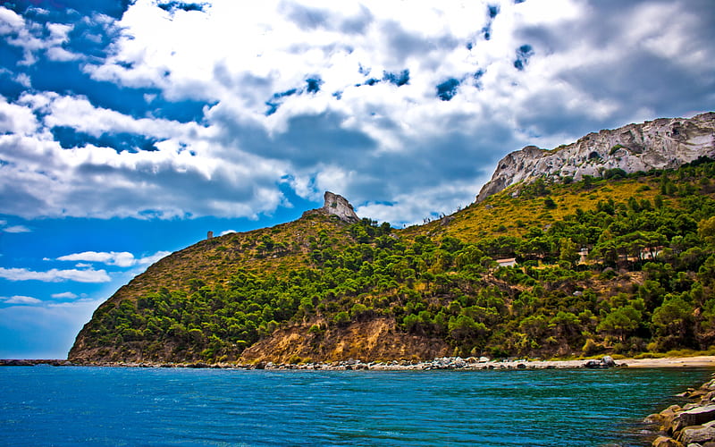 Sella del Diavolo, ocean, rocky, bonito, sky, clouds, mountain, beaches, village, nature, r, blue, HD wallpaper