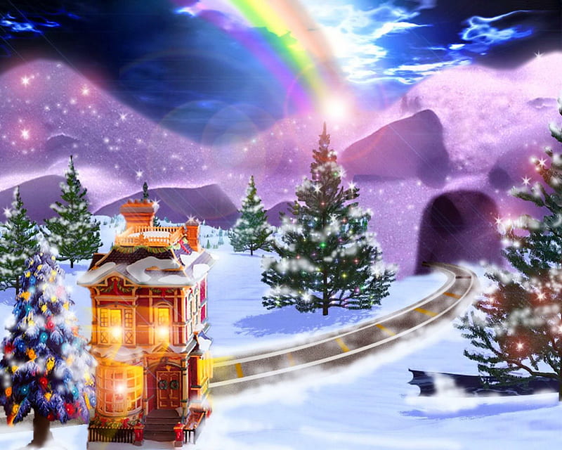 Winter rainbow, rocks, colorful, bonito, rainbow, clouds, cold, mountain, nice, train, painting, path, village, tunnel, lovely, holiday, christmas, colors, sky, trees, winter, santa, snow, HD wallpaper