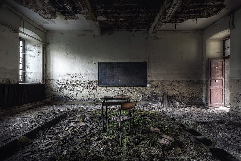 abandoned school, chair, black board, Others, HD wallpaper