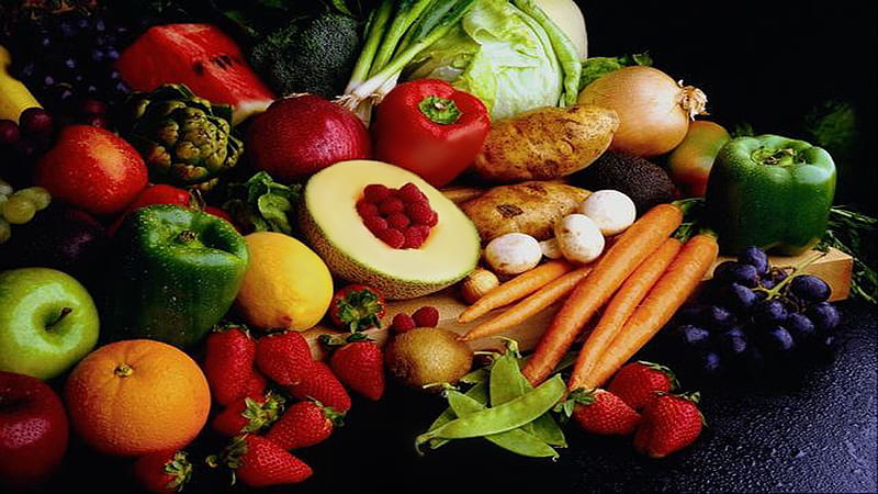 Nature's Bounty, apple, strawberry, orange, onion, beans, carrots, lemon, fruit, grapes, pepper, melon, vegetables, HD wallpaper