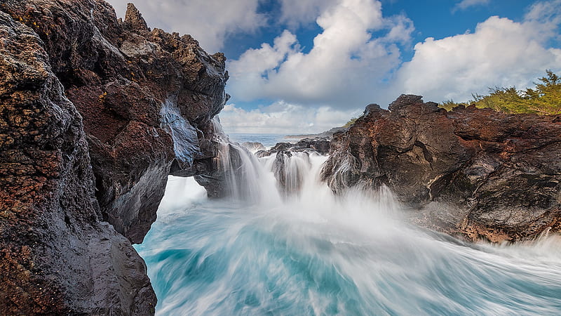 Indian Ocean, coast, water, rock, nature, La Reunion Island., HD wallpaper