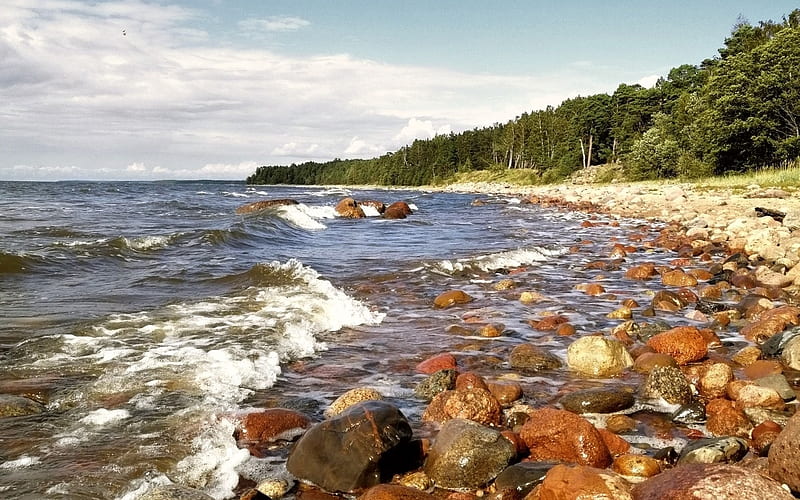 Rocky Beach in Latvia, rocks, beach, sea, waves, coast, Latvia, HD wallpaper