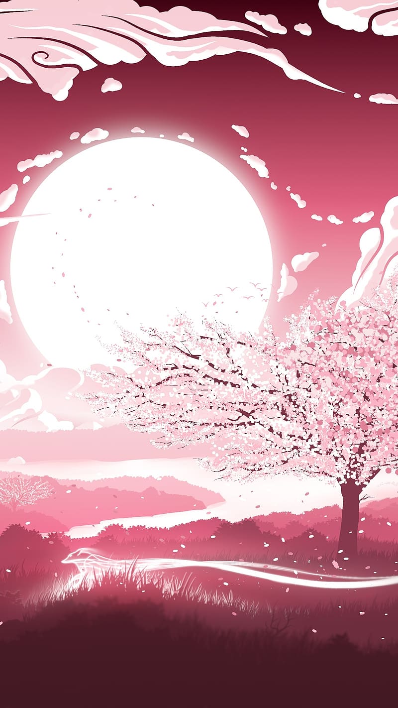 Sakura Tree, Art Work, cherry blossom, moon background, HD phone wallpaper