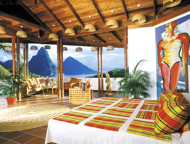 A St. Lucia Villa, table, view, ocean, desenho, villa, st lucia, bed, mountains, chairs, HD wallpaper