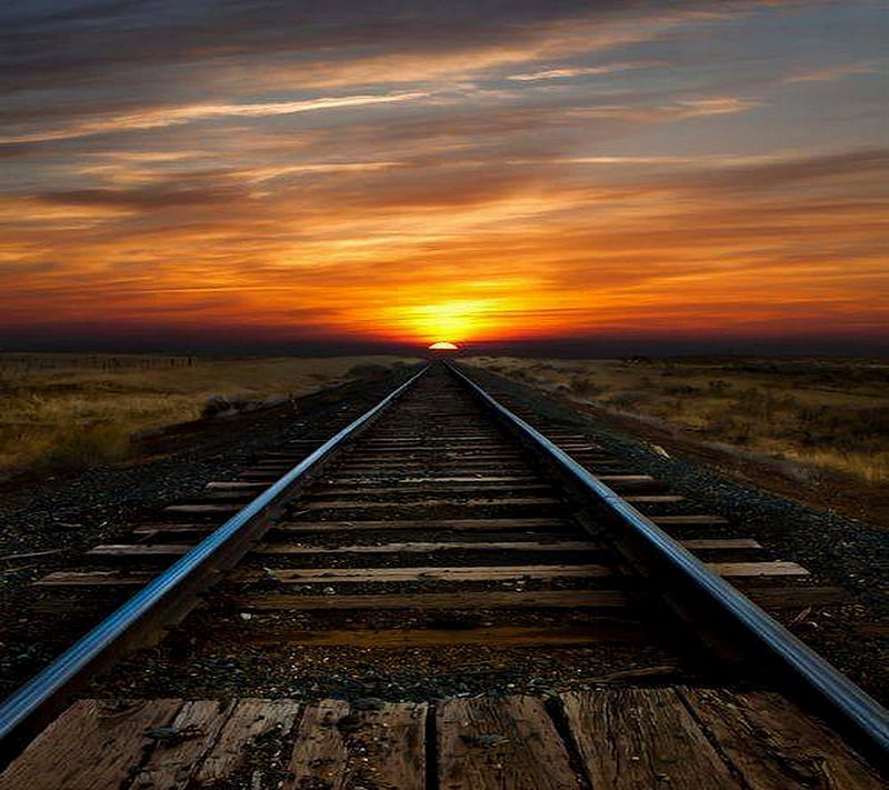 Sunset Way, clouds, road, sky, sunset, train, way, HD wallpaper
