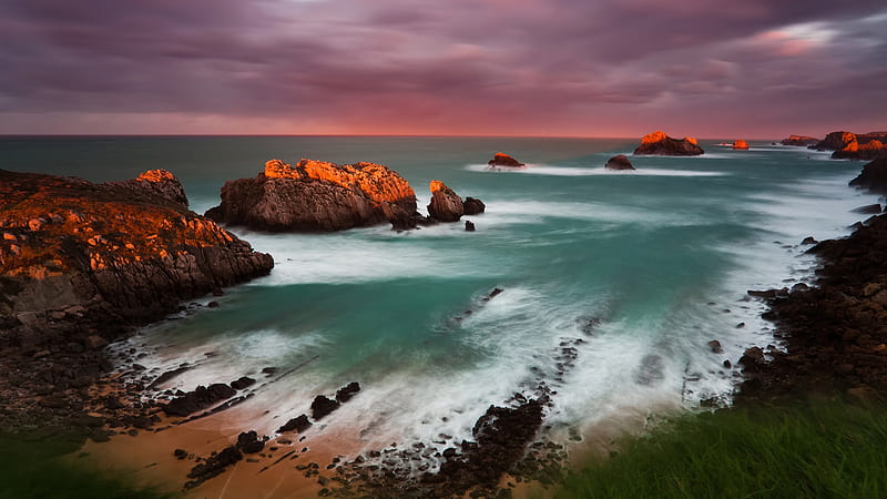 Rocky Coast of the Ocean in Cloudy at sunset, ocean, rocky, sunset, weather, Nature, coast, HD wallpaper