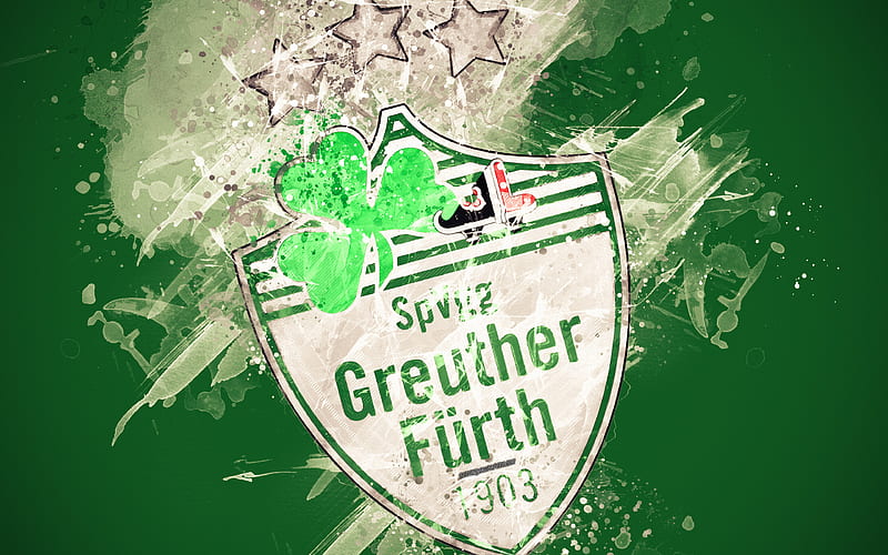 SpVgg Greuther Furth paint art, logo, creative, German football team, Bundesliga 2, emblem, green background, grunge style, Fuerth, Germany, football, HD wallpaper