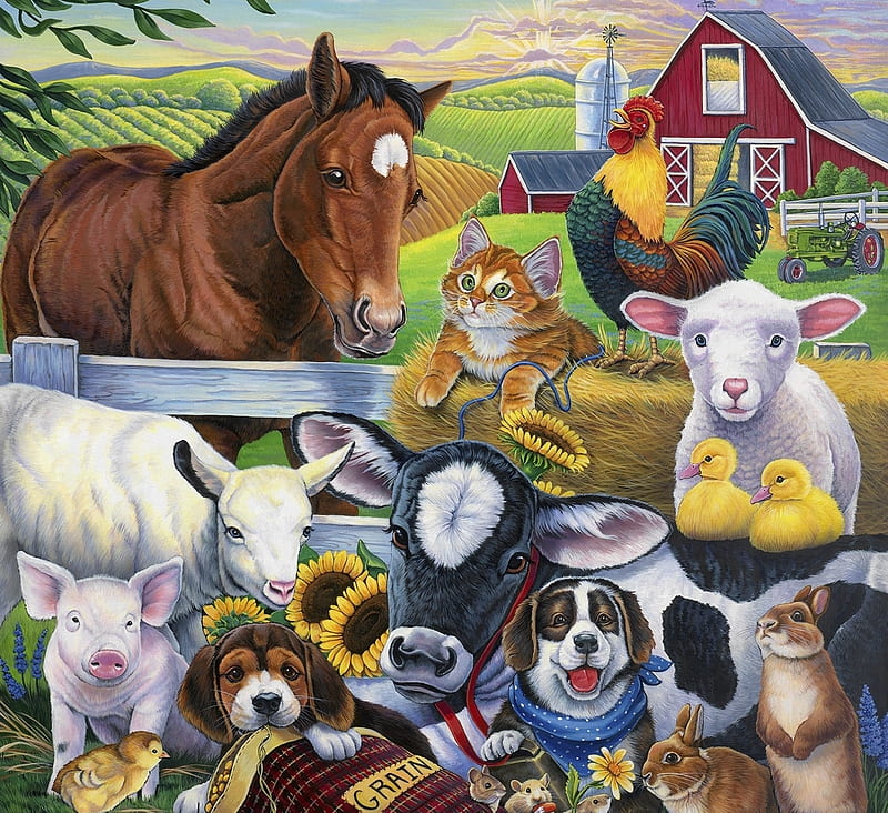 Farm animals, art, rooster, cow, pig, caine, cat, animal, sheep, farm, painting, jenny newland, pisici, pictura, dog, HD wallpaper