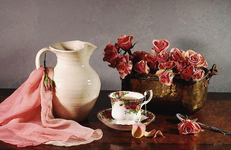 pink for tea, shawl, still life, flowers, bowle, cup, bonito, tea, pink, HD wallpaper