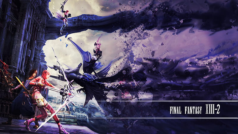 Final Fantasy XIII-2, serah farron, bahamut, bow, square enix, lightning, purple, claire farron, dark, xiii-2, final fantasy, xiii, sword, noel kreiss, HD wallpaper