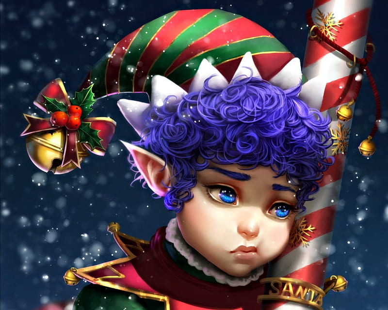 Christmas elf, red, candy, art, craciun, winter, hat, cute, baiat, boy, fantasy, green, renaillusion, snow, white, blue, HD wallpaper