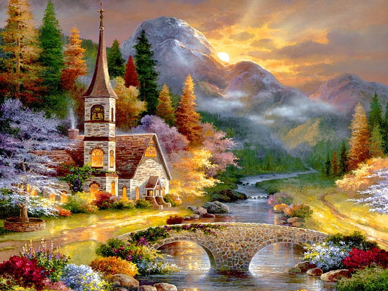 Early Service-detail, service, sun, cottage, retreat, bonito, sunset, countryside, bridge, painting, river, art, quiet, lovely, early, spring, creek, church, sky, serenity, peaceful, chapel, HD wallpaper