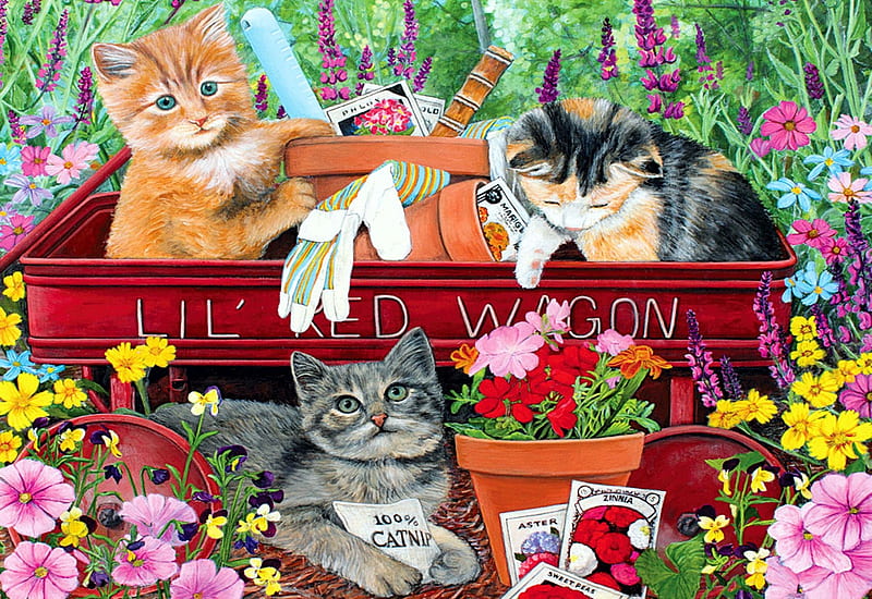 Lil' Red Wagon, kitten, flowers, painting, cart, HD wallpaper
