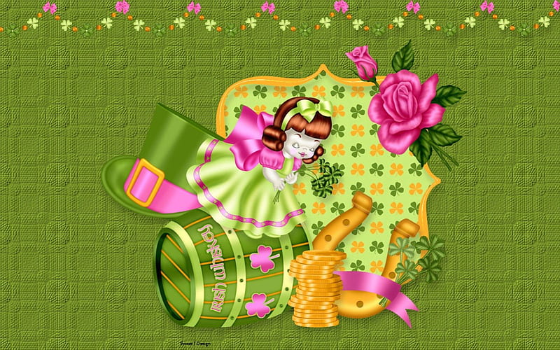 Irish Rose, cute, clovers, irish, gold, green, rose, st patricks day, pink, HD wallpaper