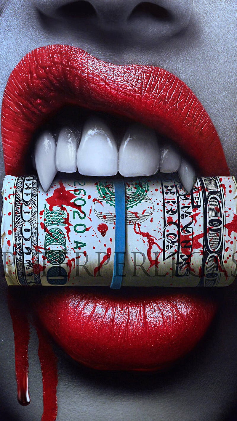vampire, bite, dollar, female, lips, money, mouth, red, teeth, HD phone wallpaper