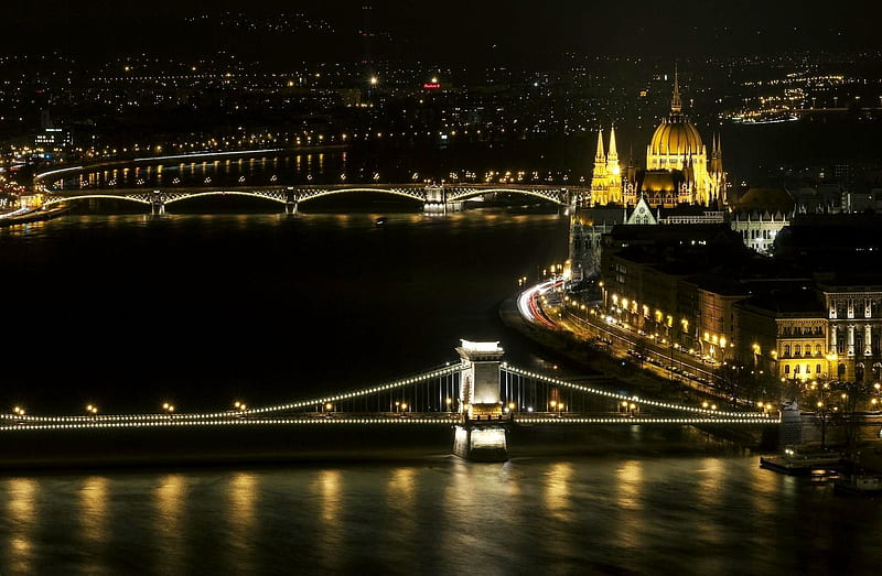 Budapest at Night, hungary, city, bridges, buildings, river, danube, HD wallpaper