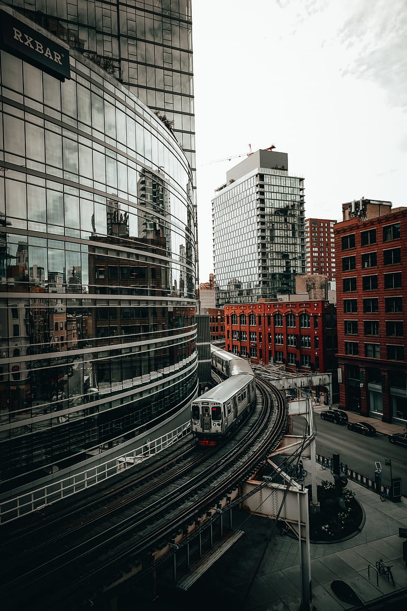 city, buildings, train, rails, HD phone wallpaper