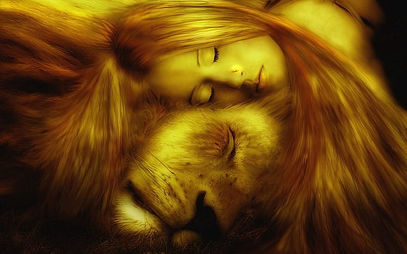 Moon in Leo, art, fantasy, golden, lion, HD wallpaper