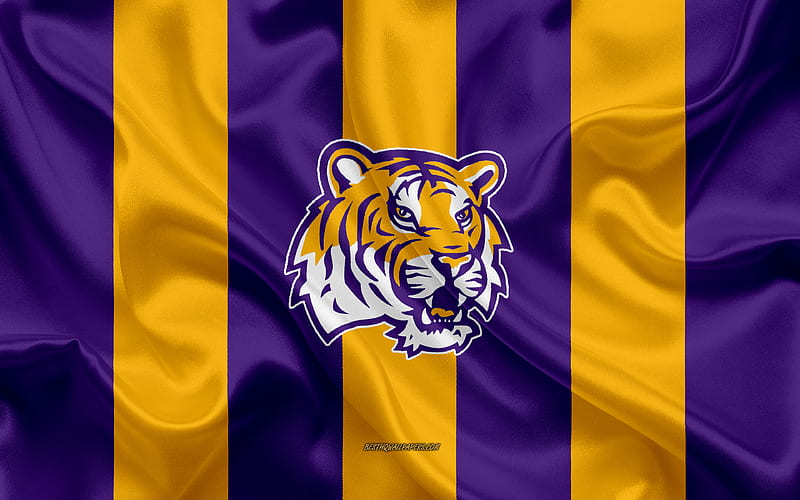 LSU Tigers, American football team, emblem, silk flag, purple yellow silk texture, NCAA, LSU Tigers logo, Baton Rouge, Louisiana, USA, American football, LSU Tigers football, Louisiana State University, HD wallpaper