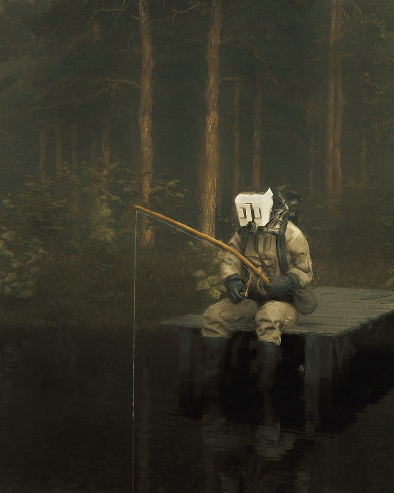 man, gas mask, fishing rod, fishing, art, HD phone wallpaper