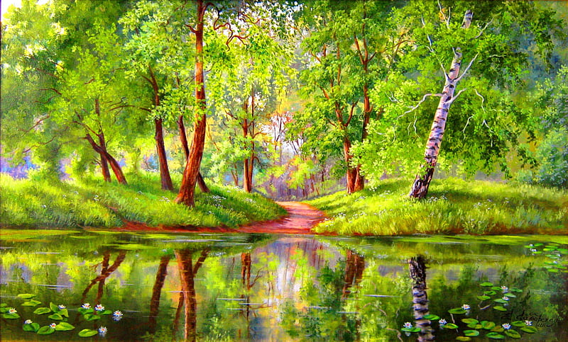 Forest lake, pretty, riverbank, shore, grass, bonito, nice, green, painting, flowers, beauty, river, reflection, tranquility, forest, quiet, calmness, lovely, greenery, lilies, trees, lake, pond, serenity, lakeshore, HD wallpaper