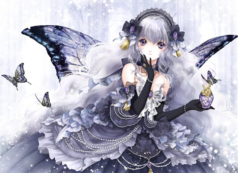 ~❀ADORE❀~, pretty, white hair, adorable, magic, wing, women, sweet, floral, fantasy, butterfly, love, anime, royalty, flowers, beauty, anime girl, gems, jewel, purple eyes, long hair, wings, lovely, gown, black, amour, sexy, jewelry, cute, maiden, dress, divine, adore, bonito, sublime, woman, pearl, blossom, gemstone, hot, gorgeous, female, exquisite, kawaii, girl, flower, precious, magical, petals, lady, angelic, HD wallpaper