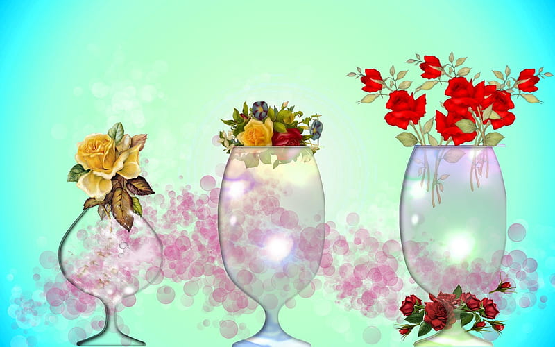 Crystal Vases With Flowers, red, green, desenho, flowers, yellow, crystal, pink, HD wallpaper